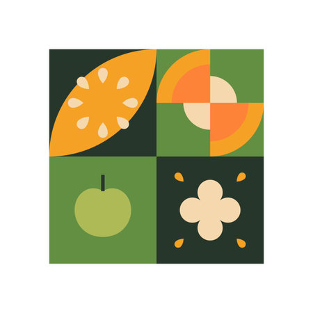 Modern green collage with abstract geometric pattern of flowers, fruit, apple. Contemporary wall art in cubism style. Stylized decoration with nature, agriculture crops. Flat vector illustrationのイラスト素材