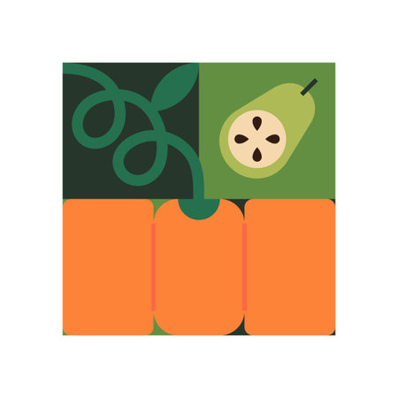 Abstract geometric pattern of fruit and vegetables. Modern green collage with agriculture crops in cubism style. Contemporary wall art with stylized nature, farm food, plants. Flat vector illustrationのイラスト素材