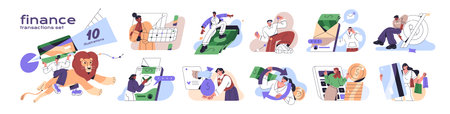 Finance transactions concept set. Payment by credit card, investment in online banking app, currency exchange, cash withdraw, transfers. Financial literacy. Flat isolated vector illustrations on whiteのイラスト素材