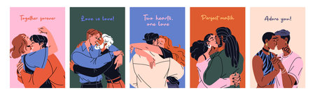 Valentine Day postcards designs set. 14 February greeting cards templates with kissing couples and hugging lovers. Layouts with people loving in romantic relationships. Flat vector illustrationsのイラスト素材