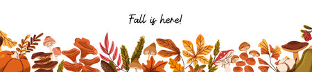 Banner design with border from autumn leaves and mushrooms. Template with bottom frame from fallen foliage, boletus, faded leafage, fungus. Forest nature in fall season. Flat vector illustrationのイラスト素材