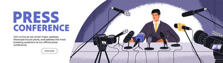 Web banner design with press conference promotion. Advertising template of convention with politician speaking with microphones. Journalists interview business man for news. Flat vector illustrationのイラスト素材