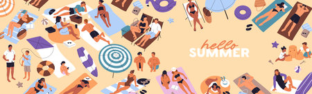 Hello summer banner design with people sunbathing on sand beach. Template with tourists lying on blankets, chaise lounges and relaxing on coast. Sea resort vacations layout. Flat vector illustrationのイラスト素材