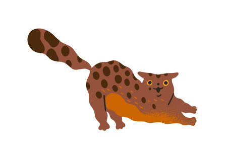 Amusing cat stretches, has fun. Cute kitten with spotted coat is in pose. Naughty kitty relaxes. Adorable pet, comic domestic animal. Flat isolated hand drawn vector illustration on white backgroundのイラスト素材