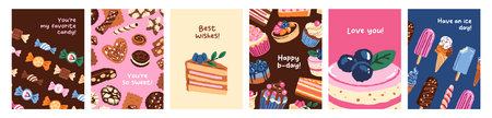 Set of greeting cards designs with confectionery. Cute postcards templates with candies cakes, ice creams. Festive layouts with lollipops, sweet dessert for congratulations. Flat vector illustrationsのイラスト素材