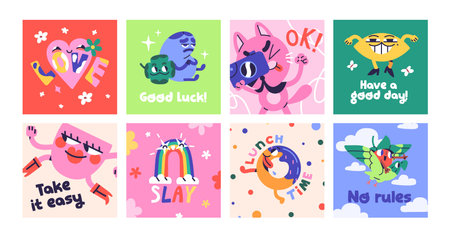 Set of cute greeting cards with abstract doodle characters. Funny templates of postcards with funky...