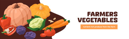 Design of banner with healthy farm food. Advertising template with natural agriculture crops. Promotion layout with fresh eating, organic vegetables: pumpkin, tomato, carrot. Flat vector illustrationのイラスト素材