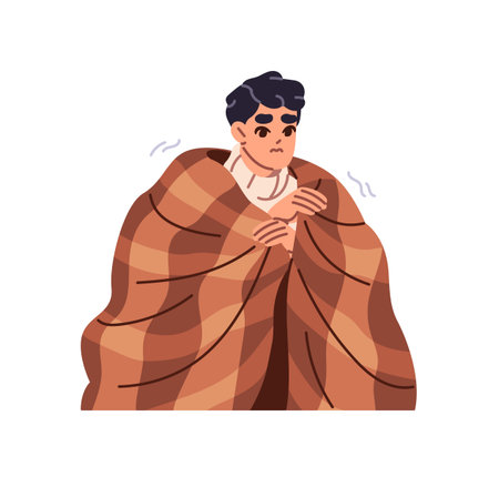 Frozen boy warms up under woolen plaid indoors. Young man with checkered blanket freezes in winter. Ill person shivers from cold weather, frost. Flat isolated vector illustration on white backgroundのイラスト素材
