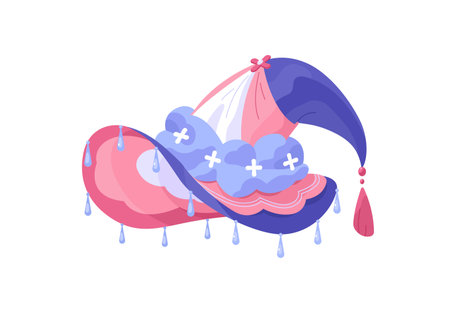 Cute magic pointed hat is decorated with tassel. Lovely witch head accessory, mage cap. Magician costume, wizard pointy headgear for Halloween party. Flat isolated vector illustration on whiteのイラスト素材