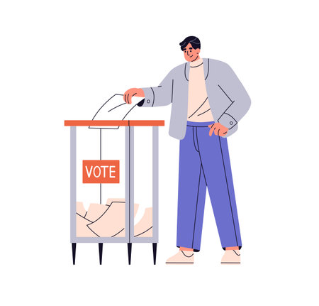 Man votes, puts ballot with candidates for president in box. Voter casts paper with political poll, social choice in transparent container. Election day. Flat isolated vector illustration on whiteのイラスト素材