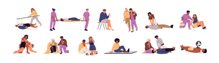 Providing first aid to victims set. Firstaid in emergency accidents. Medical help in heart attack, electric shock. CPR, applying bandage to injury. Flat isolated vector illustrations in whiteのイラスト素材