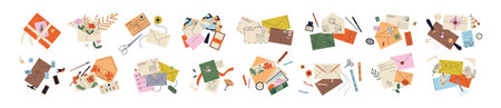 Set of vintage letters. Different envelopes with postage stamps and stationery for scrapbooking....