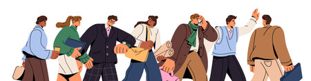 Team of employees is late and hurries up to work. Crowd of people goes to businesses in hustle. Group of workers is rushing to office together. Flat isolated vector illustration on white backgroundのイラスト素材