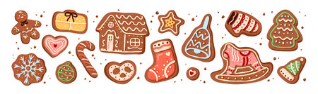 Set of Christmas gingerbreads. Xmas ginger breads with different shapes for winter holidays. New Year cookies, biscuits with icing. Bakery food. Flat isolated vector illustrations on white backgroundのイラスト素材