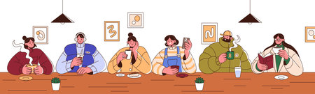 People drink coffee at the table in coffeehouse. Happy men and women with cups of tea and hot...