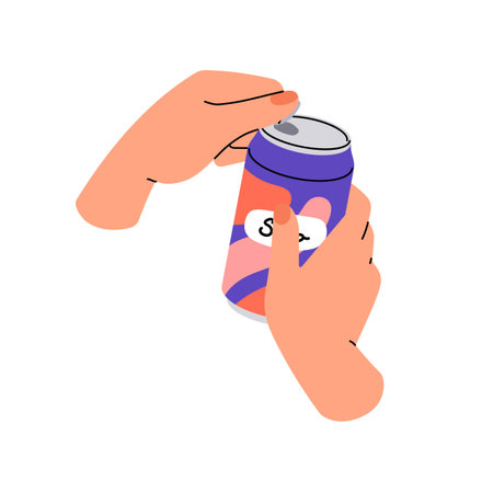 Human hands with can of soda. Person holds carbonated beverage with fruit flavor. Character opens...