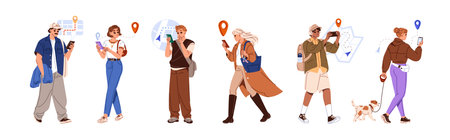 People navigate with GPS in smartphone set. Tourists look for route in travel on online maps. Men and women search for way with mobile phone. Flat isolated vector illustrations on white backgroundのイラスト素材