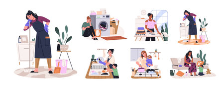 Tired housewife set. Sad and overworked woman is cleaning, cooking, washing laundry and caring about kids. Exhausted mother does housework. Flat isolated vector illustrations on white backgroundのイラスト素材