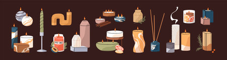 Set of scented candles with different shapes and sizes. Candlelight, wax with burning fire. Aroma diffuser for SPA. Trendy home decor, stylish interior decoration. Flat isolated vector illustrationsのイラスト素材