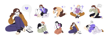 Set of depressed people with problems. Lonely and sad teenagers suffering from abuse, school grades, breakups. Stressed, anxious and sad characters cry. Flat isolated vector illustrations on whiteのイラスト素材