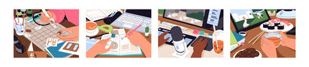 Set of creative workplaces. Work tables with human hands. People create with 3D pen, do homework,...