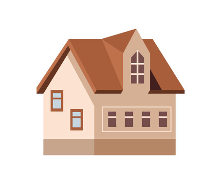 Facade of residential or municipal building. Suburban house, countryside cottage. Village lodge, villa with mansard roof. Suburb architecture. Flat isolated vector illustration on white backgroundのイラスト素材