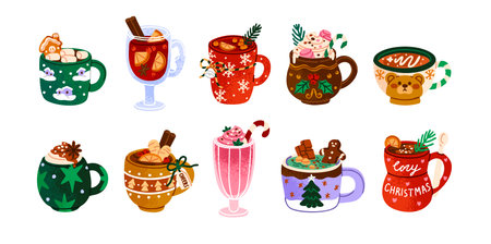 Set of cute Christmas drinks. Decorated cups of Xmas cocoa with marshmallow, hot chocolate, coffee with milk. Cozy mugs of winter beverages. Flat isolated vector illustrations on white backgroundのイラスト素材
