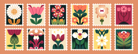 Set of post stamp designs with abstract flowers. Postage templates with whimsical wildflower. Postmark layouts with blooming plants and leaves. Flat isolated vector illustrations on white backgroundのイラスト素材
