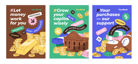 Set of bank service posters designs. Promotion layouts of economic offers for finance, investments and deposit accounts. Advertising templates with cash, money and coins. Flat vector illustrationsのイラスト素材