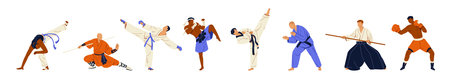 Set of different martial arts. Various fighters are boxing, doing karate, kung fu, Muay Thai, taekwondo, and aikido. Athletes do sports fights. Flat isolated vector illustrations on white backgroundのイラスト素材