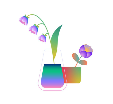 Modern gradient vases with bluebell, abstract flowers. branches of blooming plants in stylized geometric pots. Floral interior decoration in minimal style. Flat isolated vector illustration on whiteのイラスト素材