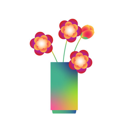 Abstract flowers in gradient vase in minimal style. Stylized blossom plant in pot. Bouquet with geometric shapes. Modern interior decoration. Flat isolated vector illustration on white backgroundのイラスト素材