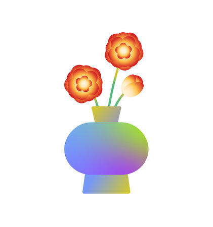 Bouquet of flowers in gradient vase. Abstract wildflowers in geometric pot. Colourful posy, bloom plants in minimal style for modern interior decoration. Flat isolated vector illustration on whiteのイラスト素材