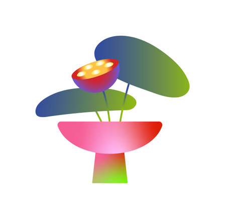 Abstract blossom plant in stylized geometric shape vase. Houseplant, home flower in gradient style is in the pot. Modern interior decoration. Flat isolated vector illustration on white backgroundのイラスト素材