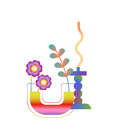 Branch with leaves, abstract flower in modern geometric vase in gradient style. Glass pot with bloom...