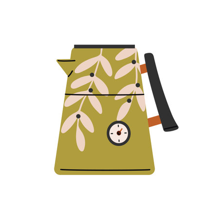 Green electric kettle with temperature sensor to boil water. Modern tea pot for preparing hot beverages. Teapot for brewing coffee, cooking herbal drinks. Flat isolated vector illustration on whiteのイラスト素材