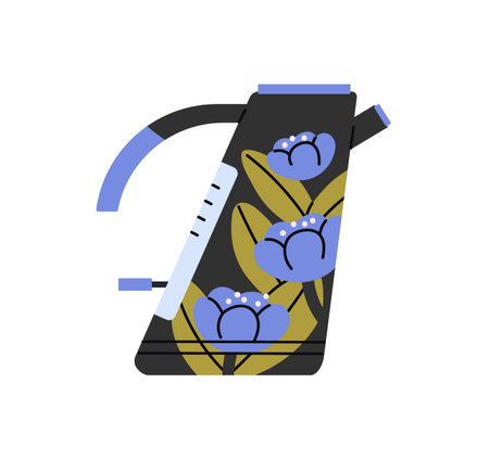 Black electric tea pot with level of boiling water. Modern kettle with pattern of flowers for preparing hot drinks. Teapot for cooking herbal beverages. Flat isolated vector illustration on whiteのイラスト素材