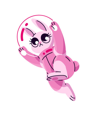Cute rabbit astronaut in pink spacesuit is in outer space. Funny bunny travels flying in cosmos. Adorable animal spaceman is spacewalking. Flat isolated vector illustration on white backgroundのイラスト素材