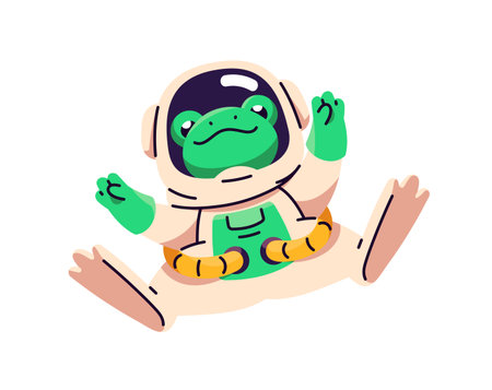 Funny frog astronaut in spacesuit is in outer space. Happy toad is flying in cosmos. Cute spaceman travels in galaxy. Animal is spacewalking. Flat isolated vector illustration on white backgroundのイラスト素材