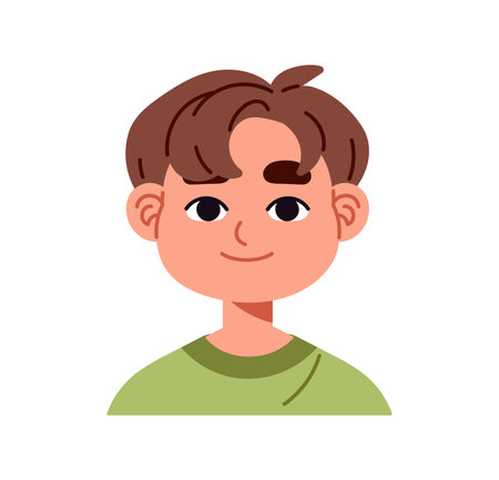 Happy little boy with smile on his face avatar. Portrait of cute kid with good mood, positive emotions. Joyful child with satisfied facial expression. Flat isolated vector illustration on whiteのイラスト素材