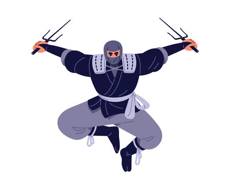 Japanese samurai with sai weapons jumps. Ninja attacks with blades in hands in fight. Shinobi in mask practices combat. Asian warrior, fighter holds knives. Flat isolated vector illustration on whiteのイラスト素材