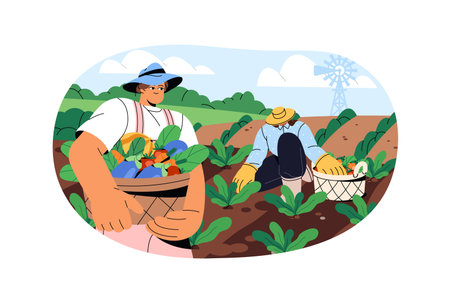Farmers gather harvest, carry basket of vegetables. Farm workers pick up crop, cultivate ground, care about garden. People work in countryside. Flat isolated vector illustration on white backgroundのイラスト素材