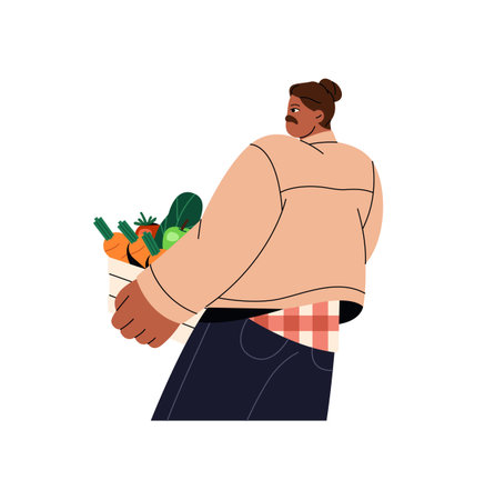 Farmer gathers autumn crop, carries crate with fruit and vegetables. Farm worker holds basket, box of harvest back view. Rural work, farming. Flat isolated vector illustration on white backgroundのイラスト素材