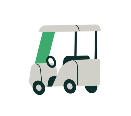 Golf cart. Electric car for golfers. Buggy for riding on course. Small transport to play sports game. Little vehicle for players, sportsmen. Flat isolated vector illustration on white backgroundのイラスト素材