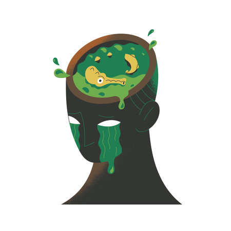 Concept of mental disorder. Problems of psychological health and mind. Anxiety, depression and stress. Abstract crying head with bad thoughts. Flat isolated vector illustration on white backgroundのイラスト素材