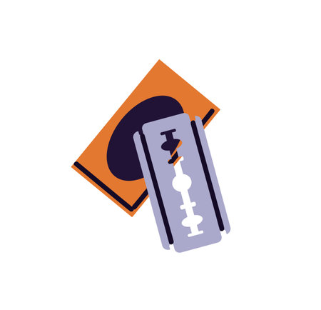 Package of razor blade. Icon of sharp edge for shaving beard, hair. Metal razorblade for shaver. Barber tool, barbershop supply, hairdressing accessory. Flat isolated vector illustration on whiteのイラスト素材