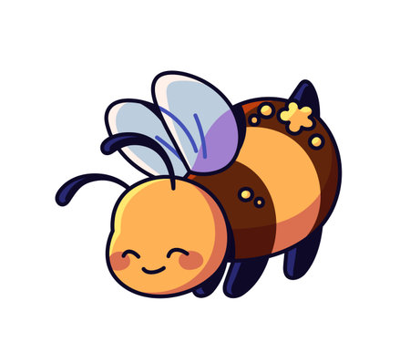Cute dirty bee with drops of honey on its fur. Happy honeybee with splashes of pollen. Funny baby bumblebee smiles. Amusing striped insect. Flat isolated vector illustration on white backgroundのイラスト素材