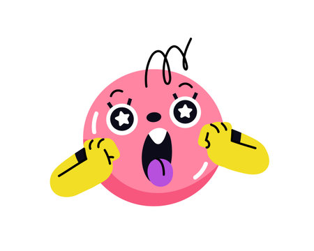 Round character is surprised, gesturing. Cute emoji with amazed emotions on face. Circle emoticon with astonished, wondering facial expression. Flat isolated vector illustration on white backgroundのイラスト素材