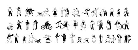 Set of outline tiny people. Couples hug, friends hold hands, have fun, kids play, characters stroll dogs. Men and women stand and walk. Flat isolated line art vector illustrations on white backgroundのイラスト素材