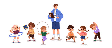 Children do sports with coach at school. Teacher of physical education is training students. Child trainer and kids doing gymnastic exercises. Flat isolated vector illustration on white backgroundのイラスト素材